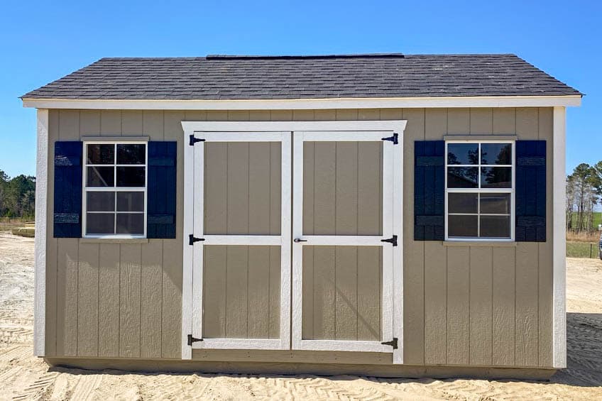 Beige 12x16 Garden Shed Max with white-trimmed double doors and two black-trimmed windows