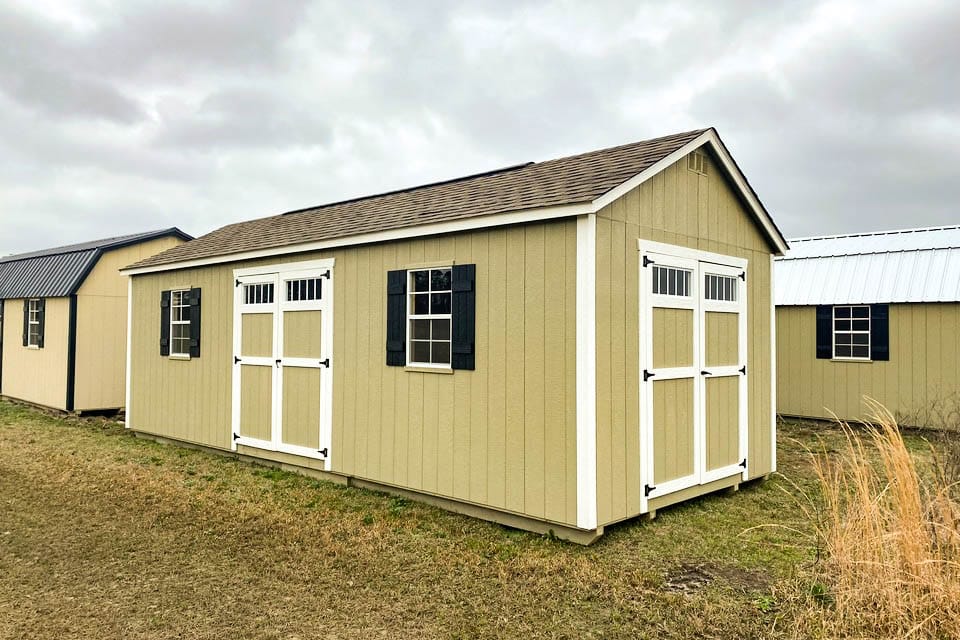 Beige Garden Shed Max with white trim and black shutters