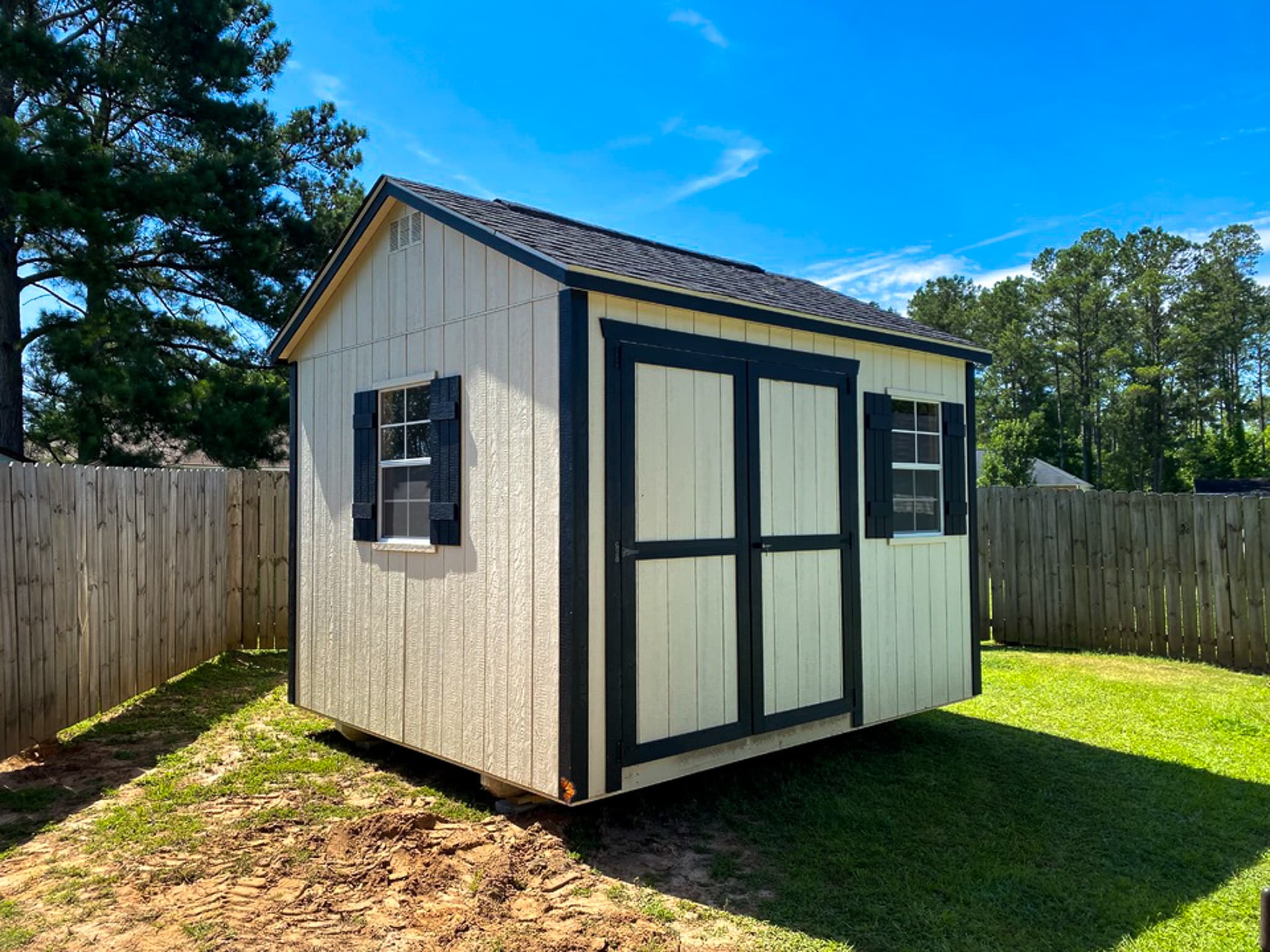 10x12 Garden Shed Max - Navajo white siding with black shingles and trim