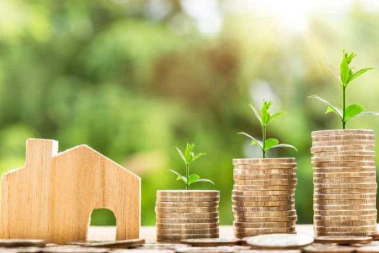 Sheds in Georgia - Wooden cutout of small building beside sprouts atop stacks of coins