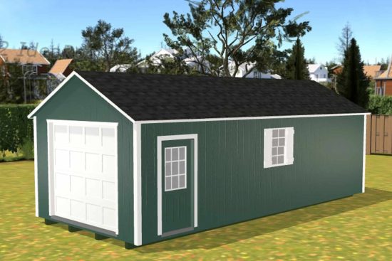 3D rendered image of one of our sheds in Grovetown-Green siding and side door-white overhead door and window-black roof