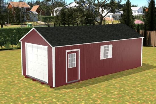 3D rendered image of one of our sheds in Waycross-red siding with white window and overheard door-red side door and black roof