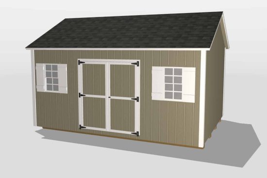 A 3D rendering of one of our sheds in Douglas - beige siding with white-trimmed double doors and matching window shutters under black roof - light gray background