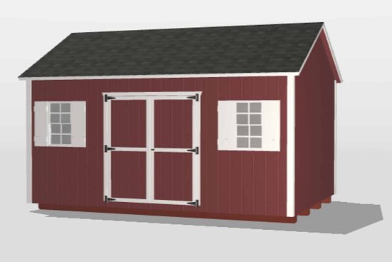 3D rendered image of one of our sheds in Cordele GA - Red siding with white trimmed double doors and matching windows under dark gray roof