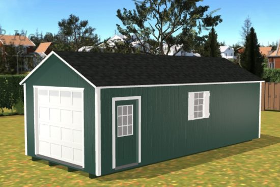 3D rendered image of one of our garage sheds in Tifton GA- green illustrated wood siding with white overhead door and matching window - green entrance door with inset window under black shingled roof - fenced grassy yard scenery with trees and rooftops in distance