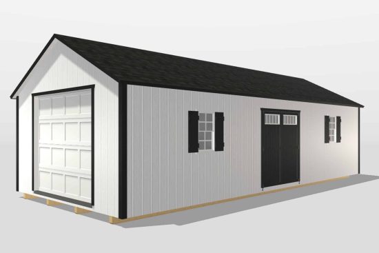 3D rendered image of one of our garage sheds in Tifton GA- White illustrated wood siding with black trim on corners - white overhead door and black window shutters - black entrance double doors with inset window under black shingled roof