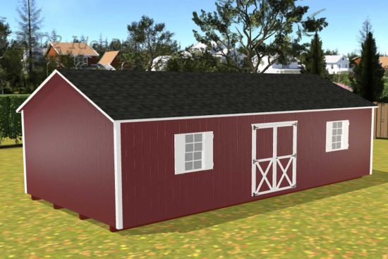 3D rendered image of one of our custom-built sheds in McDonough GA - red siding with white trimmed double doors with matching trim and two windows with white shutters