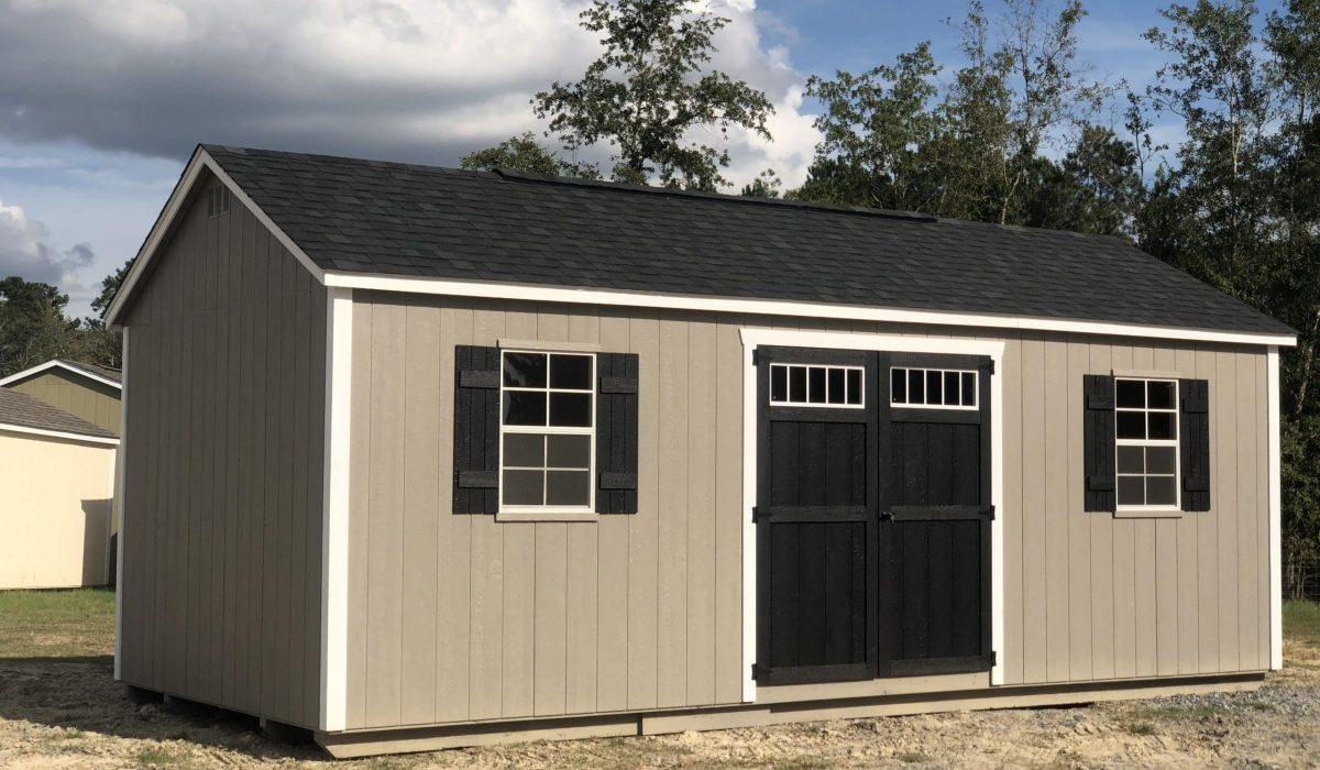 storage shed with engineered wood exterior walls