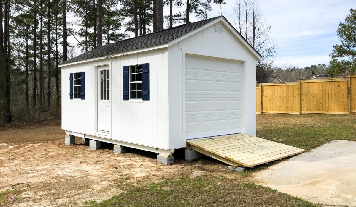 utility shed with garage door